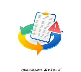 Checklist with exclamation mark and warning sign. Vector illustration.