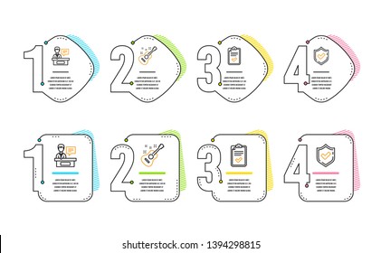 Checklist, Exhibitors and Guitar icons simple set. Confirmed sign. Survey, Information desk, Acoustic instrument. Accepted message. Education set. Infographic timeline. Line checklist icon. Vector