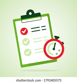 checklist. Fast service icon. Stopwatch with checklist and completed tasks. Vector illustration flat design. Isolated on white background.