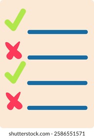 Checklist features alternating checkmarks and crosses, symbolizing completed and pending tasks in a project management or evaluation context