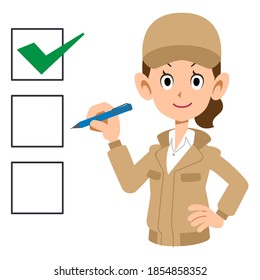 Checklist and female upper body in beige work clothes