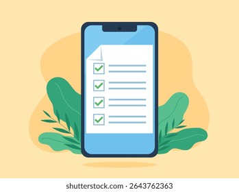 Lista de verificação com campos preenchidos. teste com respostas marcadas corretamente. Educação com documento corretamente preenchido. O documento está na tela do telefone celular. Gráficos vetoriais.