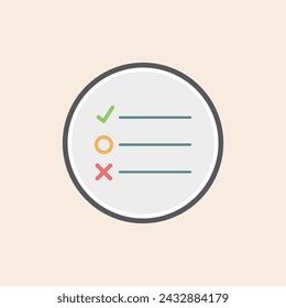 Checklist filled icon with green tick, orange circle and red cross bullet points inside a grey circle