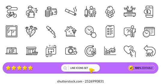 Lista de verificação, diagrama financeiro e ícones de linha de palestras da Web para aplicativo Web. Pacote de entrega de alimentos, bicicleta elétrica, ícones de pictograma de fumantes. Parto 24h, Cenouras, Sinais de vacinação médica. Vetor