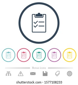 Checklist flat color icons in round outlines. 6 bonus icons included.