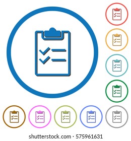 Checklist flat color vector icons with shadows in round outlines on white background