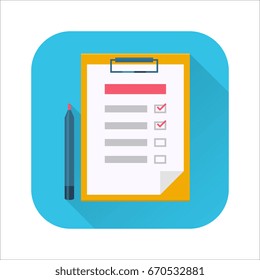 Checklist flat icon. Check list on the clipboard and pen. Flat internet icon with long shadow in cartoon style. To do list with marks. Vector colored illustration.