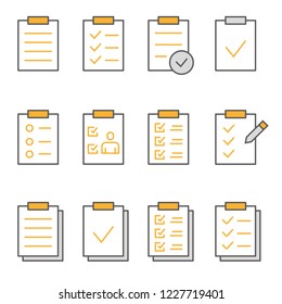 Checklist flat line icons. Set of evaluate, survey, order, agreement and more. Editable Stroke. Change to any size and any colour.