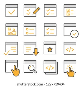 Checklist flat line icons. Set of evaluate, survey, order, agreement and more. Editable Stroke. Change to any size and any colour.