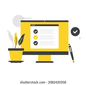 Checklist. Flat Vector Illustration. Checklist On Computer Screen. Survey, Check List, Website With Check Marks, Agreement. Modern Concepts. Flat Design