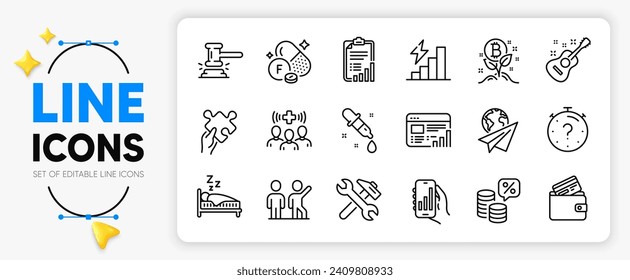 Checklist, Fluorine mineral and Quiz line icons set for app include Web report, Medical staff, Teamwork outline thin icon. Bitcoin project, Debit card, Sleep pictogram icon. Guitar. Vector