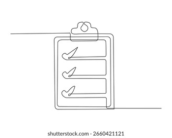 Checklist form on clipboard in single outline illustration. Continuous line art drawing of clipboard with list form.