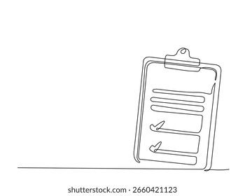 Checklist form on clipboard in single outline illustration. Continuous line art drawing of clipboard with list form.