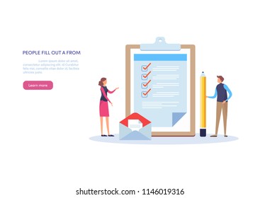 Checklist form. People fill out a form. Cartoon miniature  illustration vector graphic on white background. Web banner. 