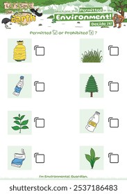 Checklist game good for environment logic game trash and plant or tree or nature. Educational game for children. fun activities for children to play and learn.