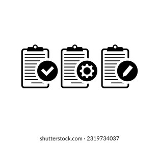 Checklist with gear, checkmarks, and pencil icon. Clipboard with gear technical support check list. Check List flat line icon. Form icon. Quality check line sign vector design and illustration.