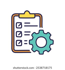 Eficiência da engrenagem da lista de verificação. Otimize o fluxo de trabalho, aumente a produtividade.  Engrenagem simboliza um processo suave, lista de verificação garante a conclusão.