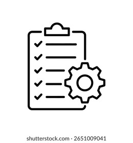 Checkliste mit Zahnradliniensymbol, Vektor einzeln auf weißem Hintergrund. Zahnrad, Einstellung, Aufgabenliste, Zwischenablage, Liniensymbol