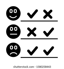 Checklist Glyph Icon. Choosing Option. Good, Bad, Neutral Experience. Voting. Satisfaction Level. Positive, Negative. Silhouette Symbol. Negative Space. Vector Isolated Illustration