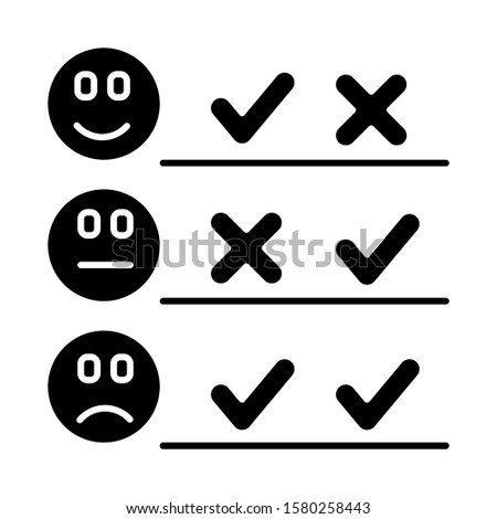 Checklist glyph icon. Choosing option. Good, bad, neutral experience. Voting. Satisfaction level. Positive, negative. Silhouette symbol. Negative space. Vector isolated illustration