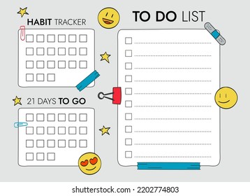 Lista de comprobación de objetivos y plantillas de seguimiento de hábitos -21 días. Para hacer la lista. Elementos de Scrapbooking - emoji, cinta, clips de papel. Ilustración del vector