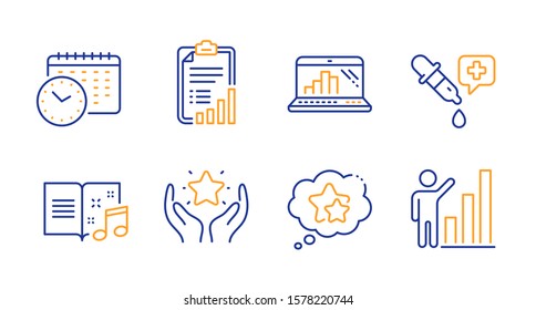 Checklist, Graph laptop and Ranking line icons set. Music book, Chemistry pipette and Calendar time signs. Ranking stars, Graph chart symbols. Mobile report, Hold star. Education set. Vector