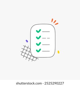 Lista de verificação com marcas de seleção verdes na ilustração vetorial plana simbolizando a conclusão da tarefa, o processo de aprovação e o gerenciamento bem-sucedido do projeto, isolado no plano de fundo branco