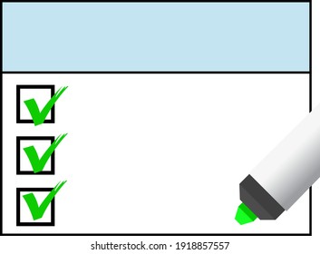 checklist, green check symbol, marker pen, vector illustration 