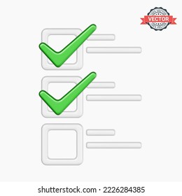 Checklist with green ticks or check marks. Realistic 3D vector illustration on white background