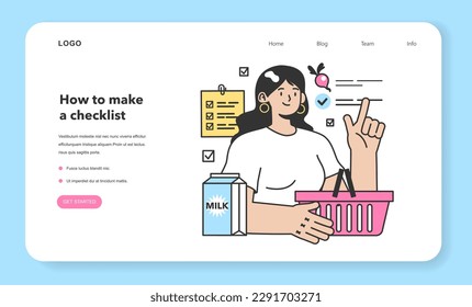 Checklist or grocery list making concept. Character planning a shopping in grocery store. Efficient household budgeting and economy. Family budget expenses management. Flat vector illustration