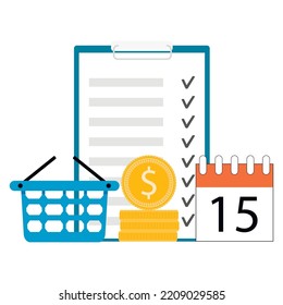 Checklist to grocery shopping, food monthly plan, strictly home budget and household. Vector illustration. Food paper, list reminder, product market check, planner page, planning budget
