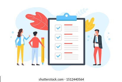 Checklist. Group of people and clipboard with check list and checkmarks. Business plan, marketing strategy, survey, complete tasks, teamwork success concepts. Modern flat design. Vector illustration