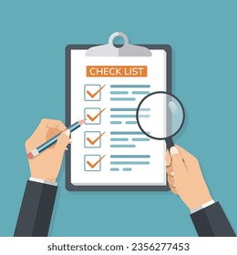 Checklist or habit tracker fill out to do list form. Time and planning management. Complete checklist and check mark ticks with hands hold pencil and magnifier