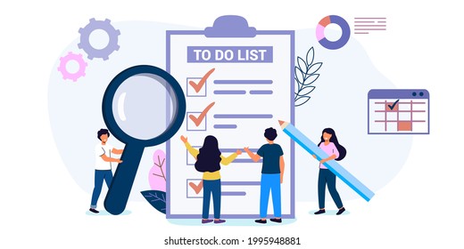 Checklist or habit tracker Tiny people fill out a form Concept done job Check list with tick mark Long paper document and to do list with checkboxes Questionnaire Vector illustration in flat style