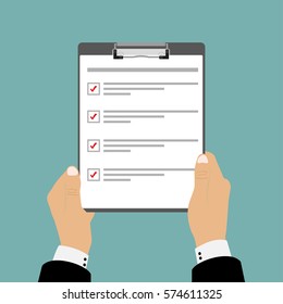 Checklist in hand, holding a clipboard, stylish vector illustration