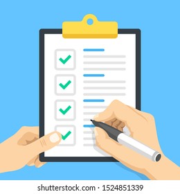 Checklist. Hand holding pen and hand holding clipboard with check list and check marks. Marking checkboxes. Green checkmarks. Flat design. Vector illustration