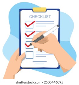 Lista de comprobación. Mano que sostiene la pluma y la mano que sostiene el Portapapeles con la lista y las marcas de verificación. Marcando Casillas de verificación. Marcas de verificación verdes. Diseño plano.