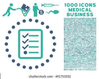 Checklist icon with 1000 medical business cobalt and cyan vector design elements. Design style is flat bicolor symbols, white background.