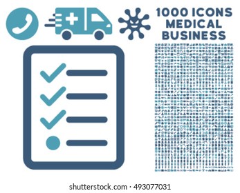 Checklist icon with 1000 medical business cyan and blue vector pictograms. Collection style is flat bicolor symbols, white background.