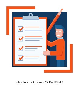 Checklist icon - absctact smiling busimessman holding big completed check list - test, questionnaire, planning and big pencil - isolated vector creative illustration. Vector illustration