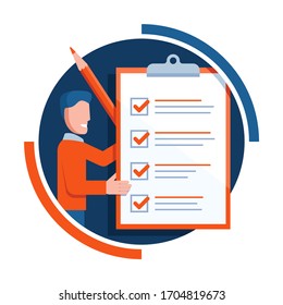 Checklist Icon - Absctact Smiling Man Holding Big Completed Check List (test, Questionnaire, Planning) And Big Pencil - Isolated Vector Creative Illustration