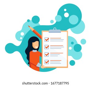 Checklist icon - absctact woman holding big completed check list (test, questionnaire, planning) and big pencil - isolated vector creative illustration