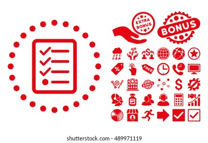 Checklist icon with bonus clip art. Vector illustration style is flat iconic symbols, red color, white background.