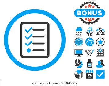 Checklist icon with bonus design elements. Vector illustration style is flat iconic bicolor symbols, blue and gray colors, white background.