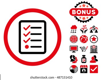 Checklist icon with bonus design elements. Vector illustration style is flat iconic bicolor symbols, intensive red and black colors, white background.