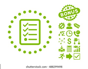 Checklist icon with bonus design elements. Vector illustration style is flat iconic symbols, eco green color, white background.