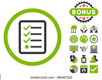 Checklist icon with bonus elements. Vector illustration style is flat iconic bicolor symbols, eco green and gray colors, white background.