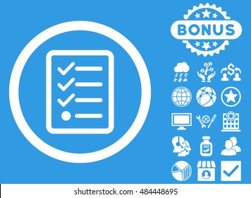 Checklist icon with bonus images. Vector illustration style is flat iconic symbols, white color, blue background.