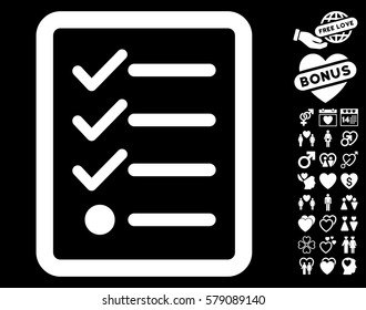 Checklist icon with bonus marriage design elements. Vector illustration style is flat iconic white symbols on black background.