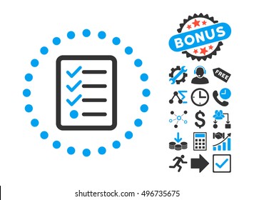 Checklist icon with bonus pictograph collection. Vector illustration style is flat iconic bicolor symbols, blue and gray colors, white background.